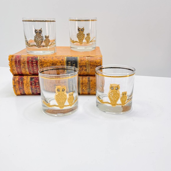 Vintage Culver 22k Gold Trimmed Lowball Owl Glasses - Picture 1 of 9